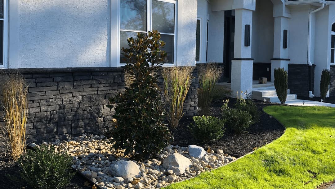 Modern landscaping design featuring a magnolia tree, stone borders, and lush green grass.