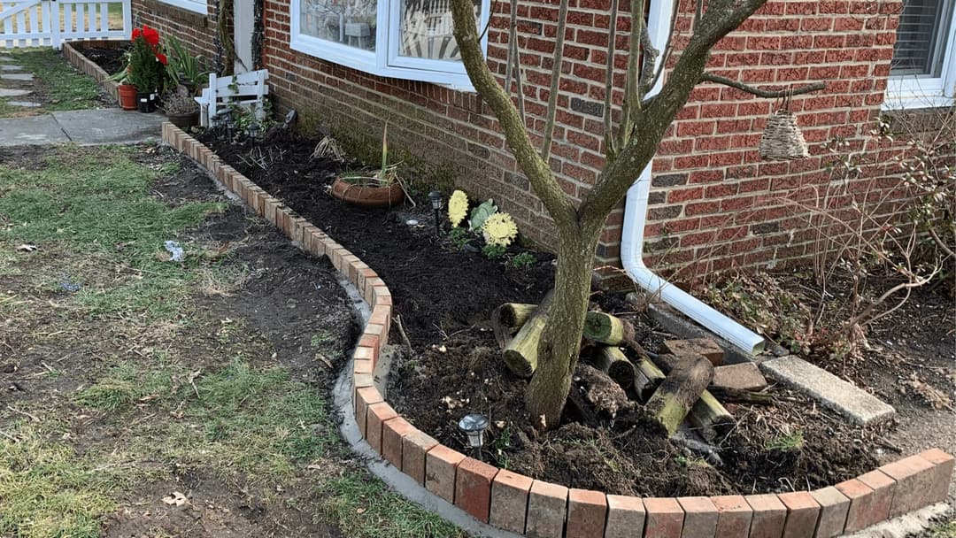 Brick-bordered garden bed with a tree, plants, and mulch near a brick house exterior.