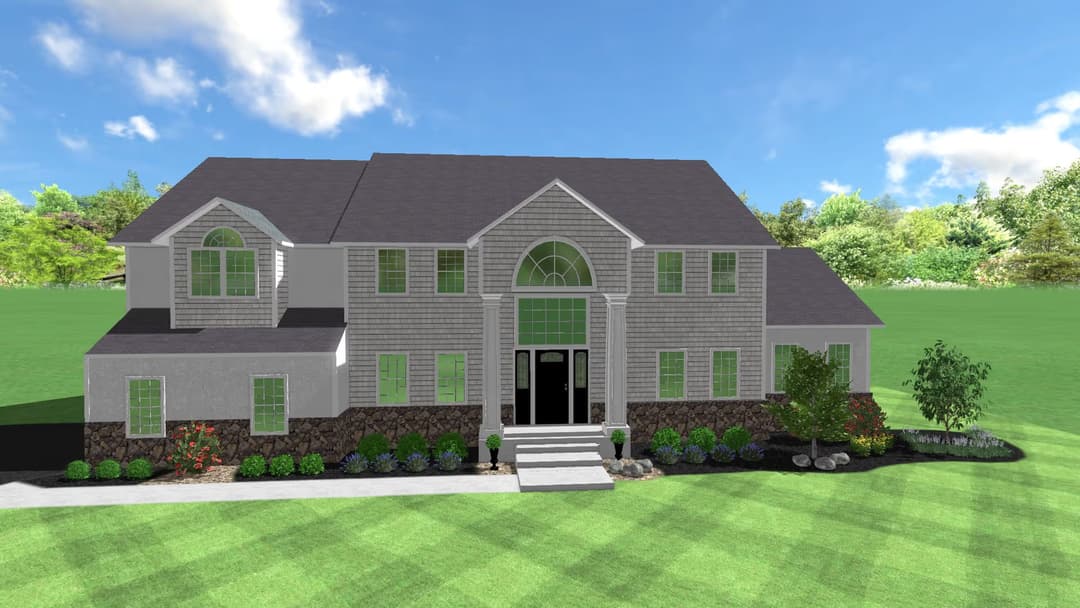Modern two-story home design with landscaped yard, large windows, and stone accents.