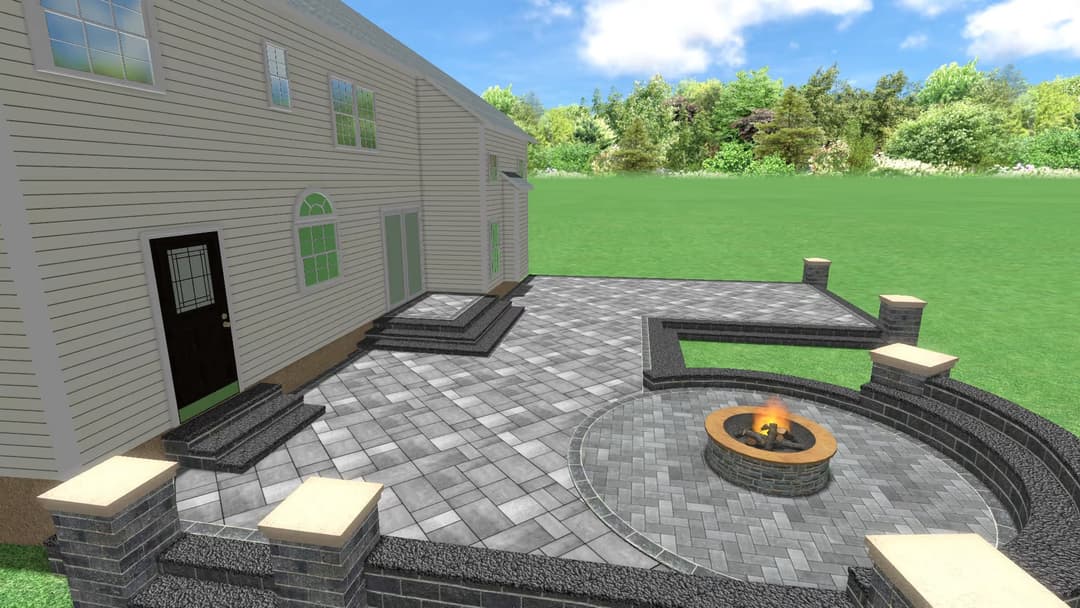 Backyard patio design with circular fire pit, stone pavers, and landscaped greenery.