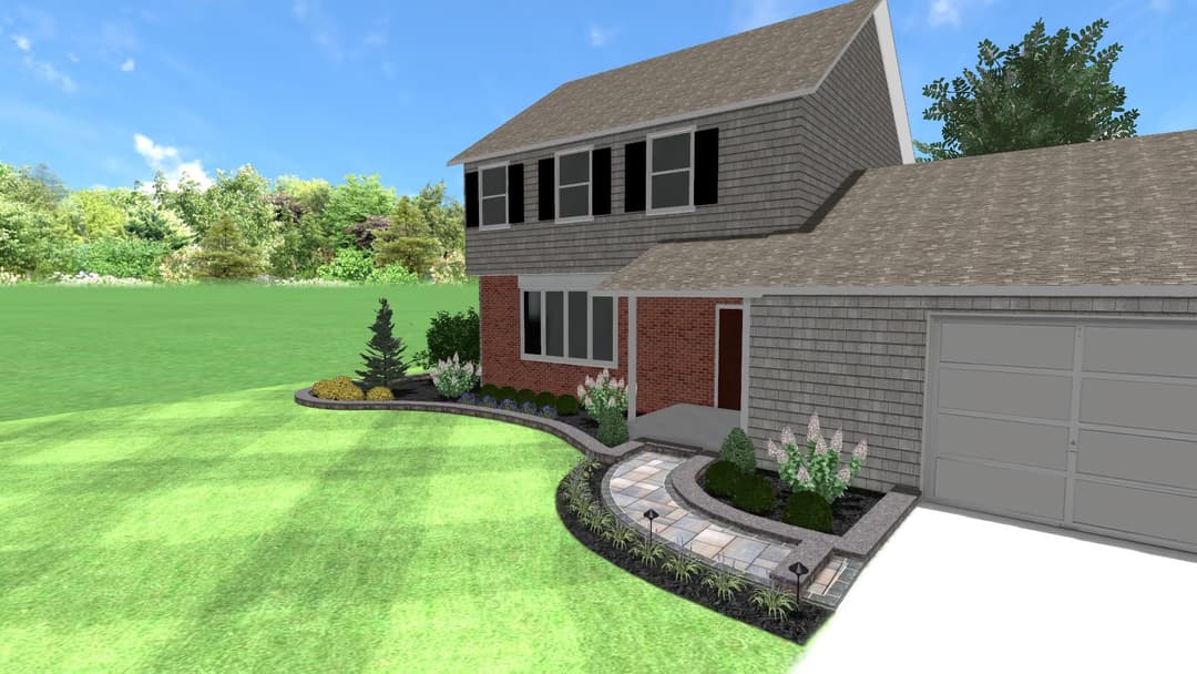 Modern two-story house with landscaped yard, brick accents, and well-defined garden path.
