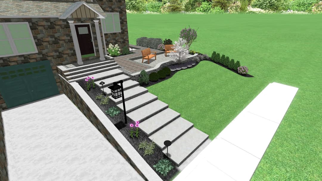 Modern landscaped home entrance with stone steps, flower beds, and patio seating area.