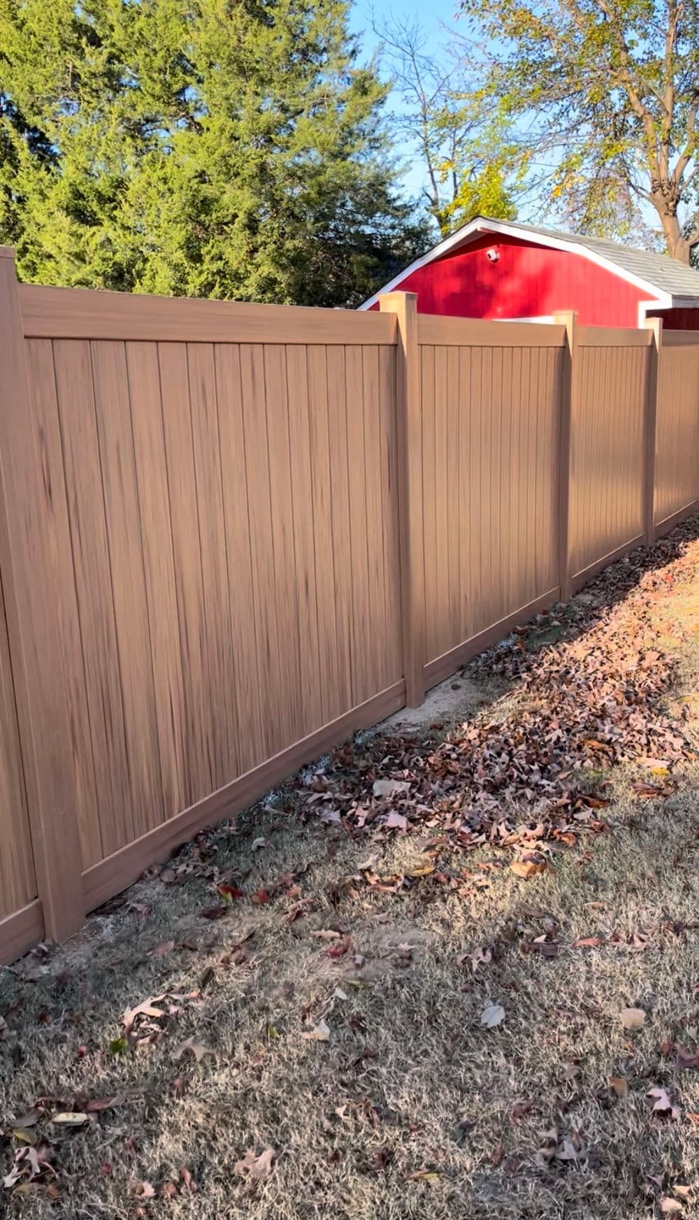 Brown vinyl fence along a yard with fallen leaves and a red shed in the background.
