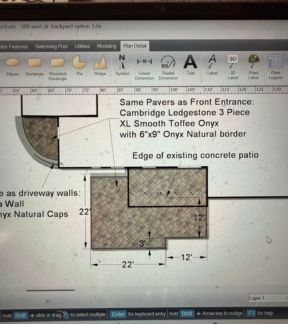 Backyard design plan featuring Cambridge Ledgestone pavers and Onyx natural border details.