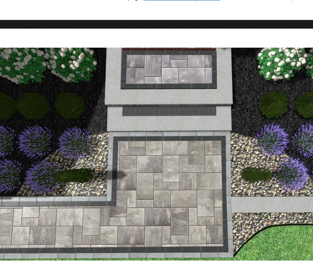 Modern patio design with patterned pavers, landscaping, and vibrant purple flowers.